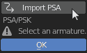 import PSA, select an armature