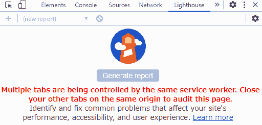 Multiple tabs are being controlled by the same service worker. Close your toher tabs on the same origin to aduit this page. Identify and fix common problems that affect your site's performance accessibility, and user experience. Learn more