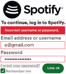 Incorrect username or password.