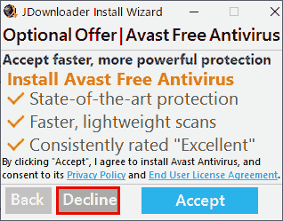 Optional Offer Avast Free Antivirus. 不要なのでDeclineします。