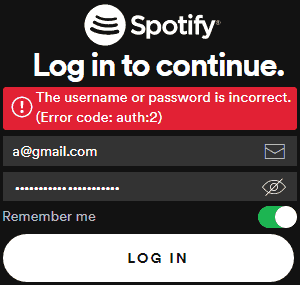The username or password is incorrect.Error code: auth: 2