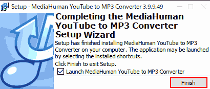 Completing the Media Human YouTube to MP3 Converter Setup Wizard. → Finish