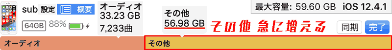 iTunes設定→ 概要.その他 空き容量不足: 30.61GB.オーディオ 33.23GB. 同期すると"その他"が急に増えます。空き容量不足になります。iPhone内部ストレージの半分以上も占めます。