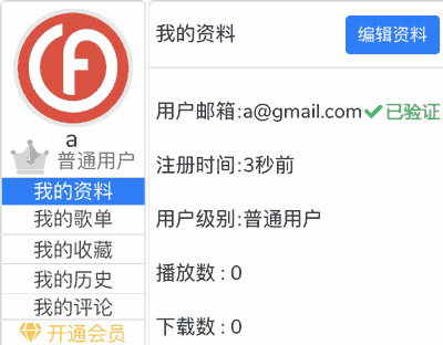 我的资料.用户邮箱 : a@gmail.com ✔已验证.注册时间 : 1天前.用户级别 : 普通用户.播放数 : 0.下载数 : 0