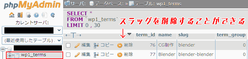phpmyadmin. remove the slug.