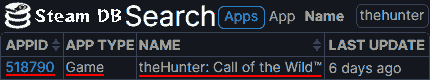 Steam DBにいきます、「thehunter」と検索します。App IDをメモします。